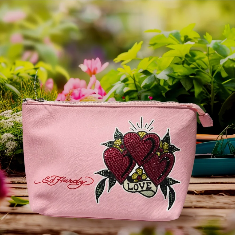 NEW Ed Hardy Pink Love With Rhinestones Clutch Cosmetic Bag 12